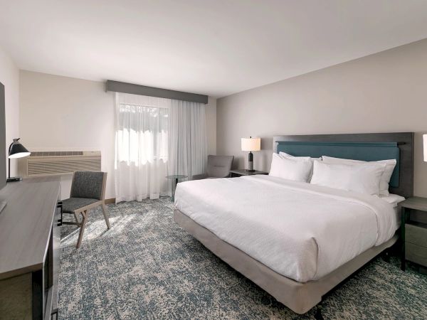 A modern hotel room with a king bed, two nightstands, desk and chair, a sofa, and a large window with sheer curtains.