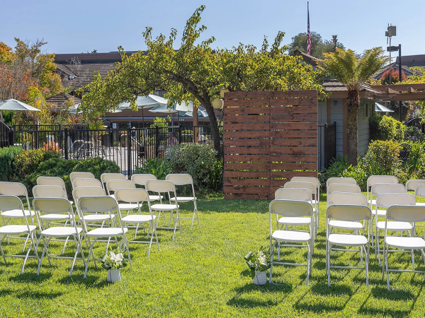 A wedding setup with white folding chairs arranged in rows on a green lawn, a wooden arch/backdrop, and sunny outdoor garden scenery.