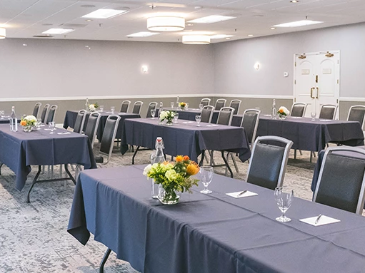 A conference room set up for a formal event with long tables covered in navy blue tablecloths, floral centerpieces, glasses, and chairs.