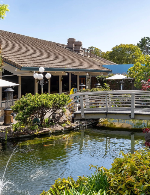 A peaceful courtyard with a pond, a small arched wooden bridge, surrounding greenery, and a tan-roofed building&mdash;bright and sunny today.