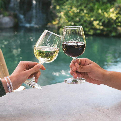 Two people clink wine glasses over a table by a pool or pond, celebrating a moment outdoors with white and red wines.